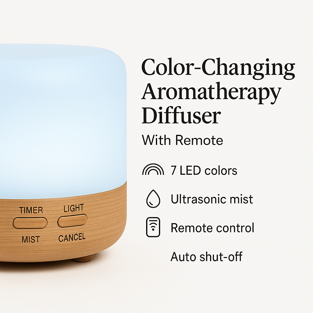 Color-Changing Aromatherapy Diffuser with Remote – LED Mood Light & Essential Oil Mist